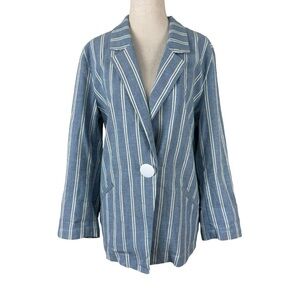 Chicos Blue/White One Button Cotton Blazer